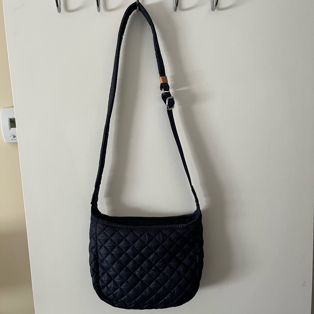 MZ Wallace Quilted Navy Blue Shoulder/Crossbody Bag with Tan Leather Trim - Picture 4 of 16